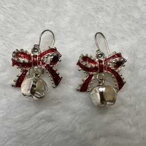 Silver Holiday hook earrings with red bows  and jingle bells